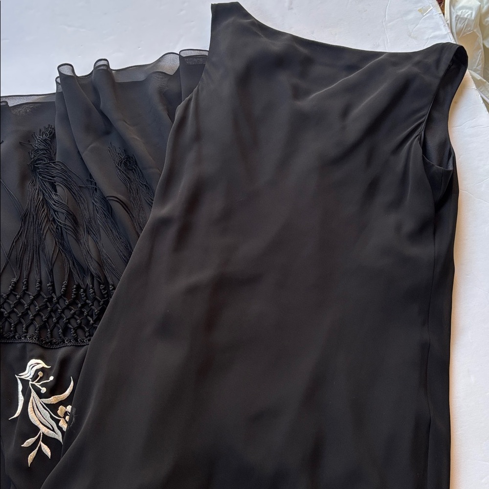 Vintage y2k Maxi Dress Long Dress Black Sue Wong Fringe Cowneck Embroidered - Picture 4 of 17